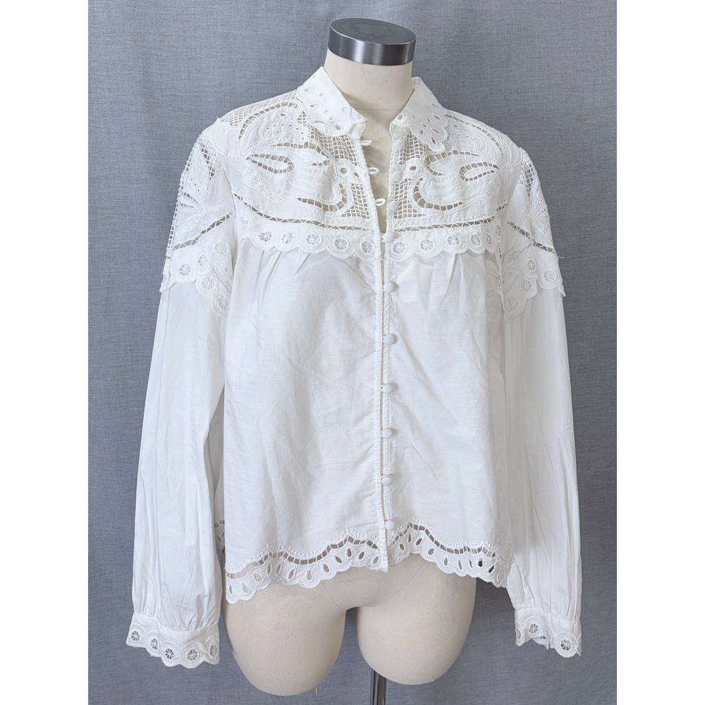 Anthropologie Blouse M White Cotton Eyelet Lace Button Front Romantic Cottage